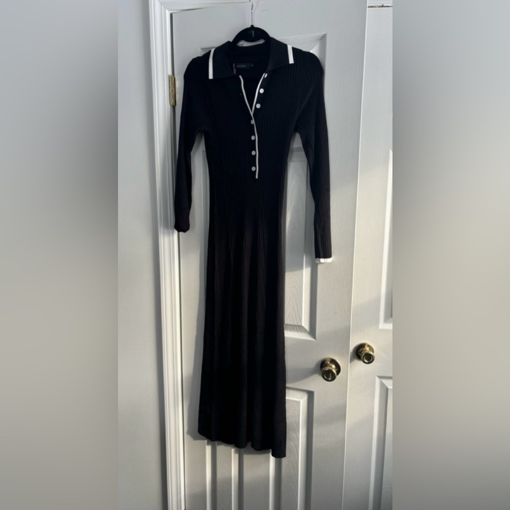 Black Ribbed Long Sleeve Dress with White Accents
